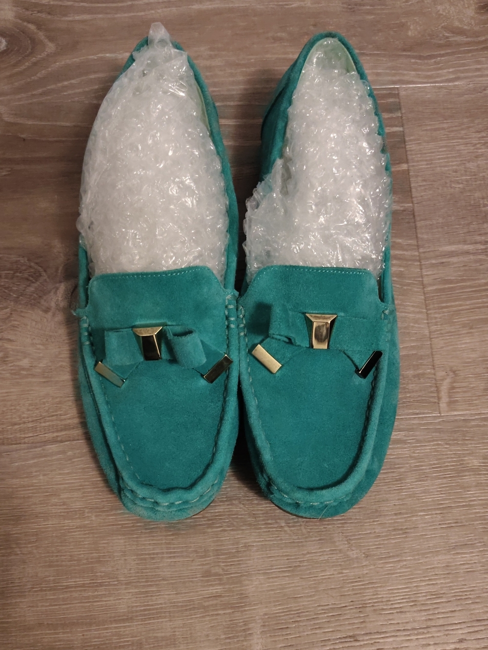 Isaac Mizrahi Teal Suede Loafers with Gold Hardware